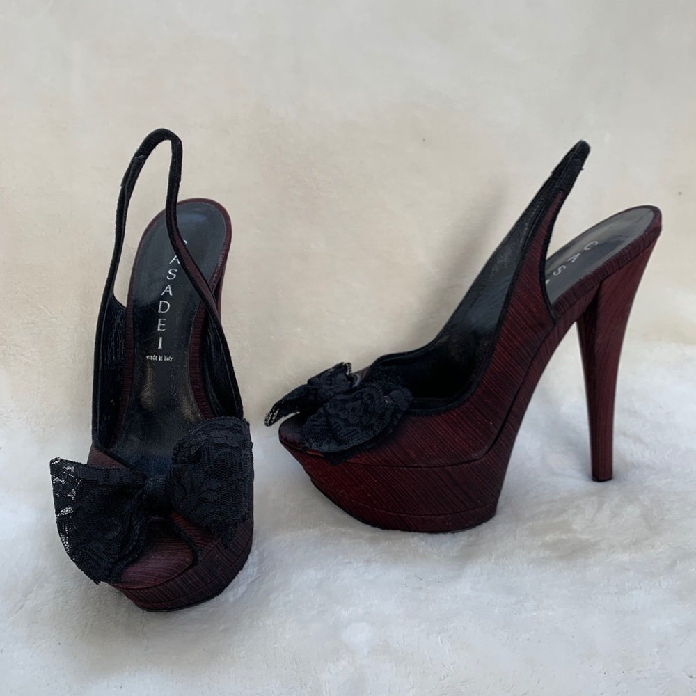 Casadei Deep Red Satin Platform Pumps